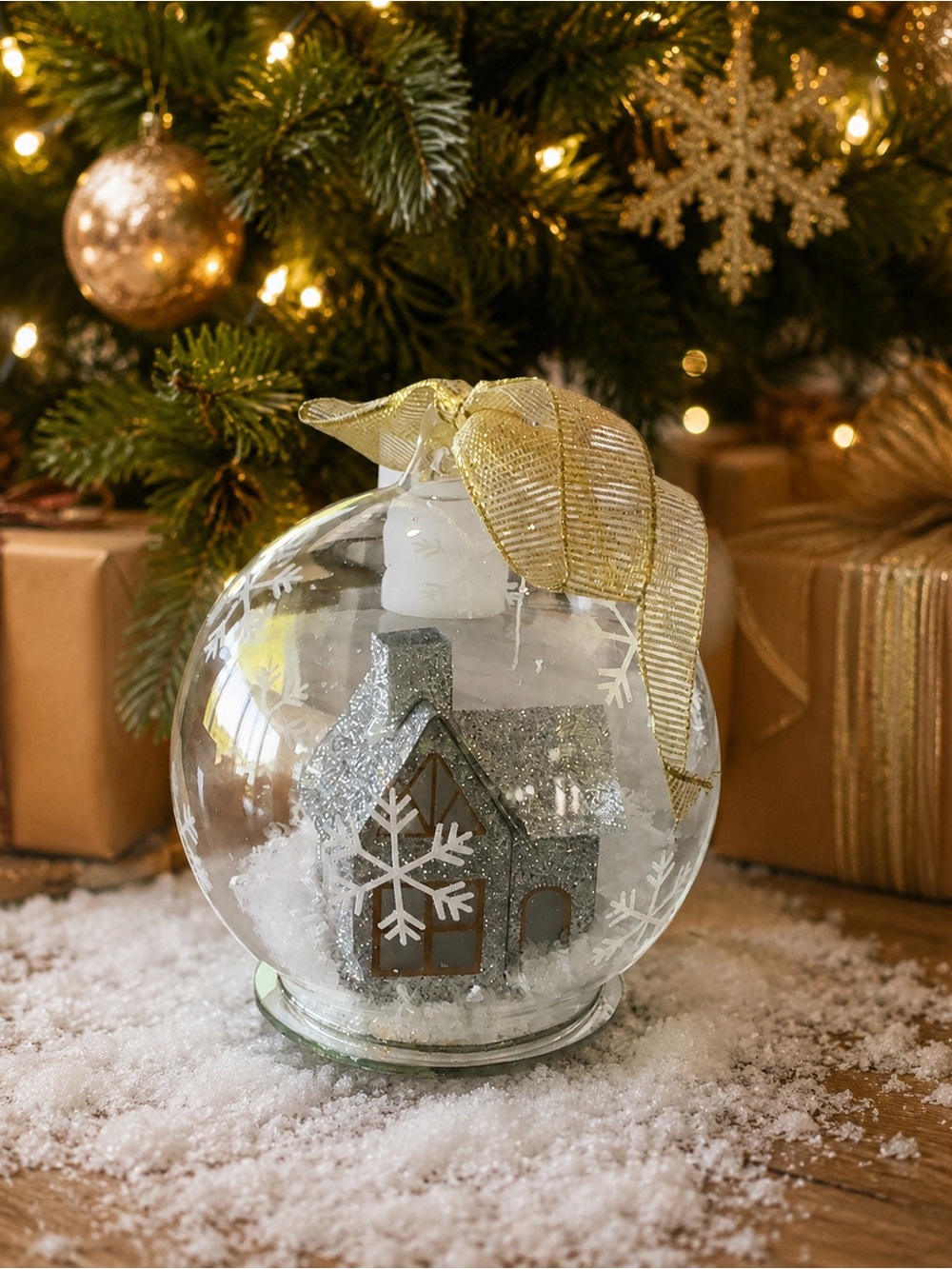 Lighted Christmas Snow Globe Ornament Glitter House Gold Bow Color Changing